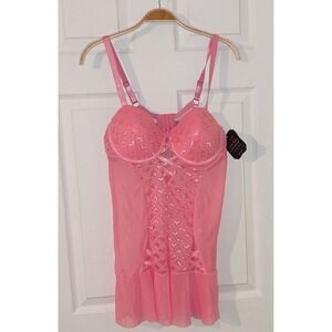 Black Fuchsia Pink Lace Lingerie Set Babydoll Heart Detail Plus Size 1X NWT $100